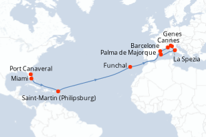 Carte itinéraire croisière États-Unis, Pays-Bas, Portugal, Espagne, France, Italie - 20 jours au départ de Port Canaveral - Iles Baleares
