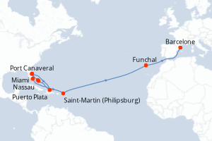 carte itinéraire croisière Transatlantique 21 jours au départ du port de Port Canaveral