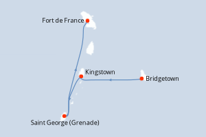 Carte itinéraire croisière Barbade, Saint Vincent-et-les-Grenadines, Grenade, France - 4 jours au départ de Bridgetown - Caraïbes Bahamas