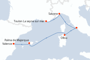 carte itinéraire croisière Sardaigne 6 jours au départ du port de Valence
