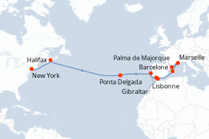 Carte de l'itinéraire de croisière New York-Barcelone d'une durée de 16 jours