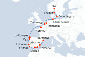 carte itinéraire croisière Méditerranée 17 jours au départ du port de Oslo