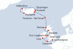 carte itinéraire croisière Europe du Nord 12 jours au départ du port de Reykjavik