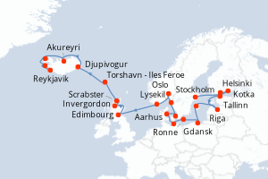 carte itinéraire croisière Europe du Nord 24 jours au départ du port de Stockholm