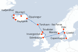 carte itinéraire croisière Europe du Nord 14 jours au départ du port de Copenhague