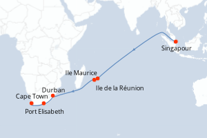 Carte de l'itinéraire de croisière Singapour-Cape Town d'une durée de 19 jours