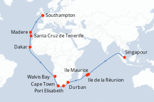 carte itinéraire croisière Europe du Nord 39 jours au départ du port de Singapour