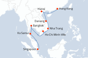 Carte de l'itinéraire de croisière Singapour-Hong Kong d'une durée de 12 jours