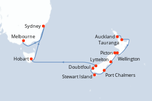 carte itinéraire croisière Australie Nouvelle Zélande 18 jours au départ du port de Auckland
