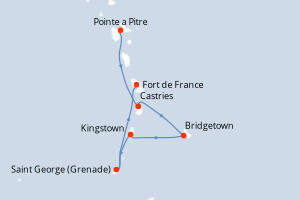 Carte itinéraire croisière France, Sainte-Lucie, Barbade, Saint Vincent-et-les-Grenadines, Grenade - 6 jours au départ de Pointe a Pitre - Caraïbes Bahamas