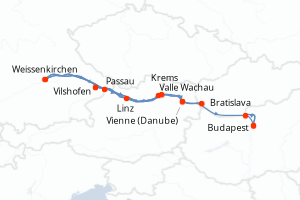 Carte de l'itinéraire de croisière Vilshofen-Budapest d'une durée de 7 jours