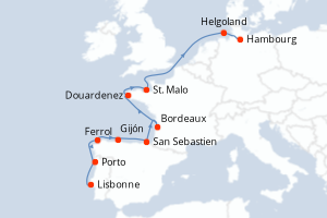 Carte de l'itinéraire de croisière Lisbonne-Hambourg d'une durée de 11 jours