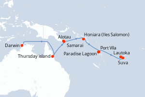 Carte de l'itinéraire de croisière Darwin-Lautoka d'une durée de 17 jours