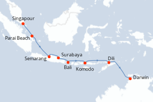 Carte de l'itinéraire de croisière Singapour-Darwin d'une durée de 13 jours