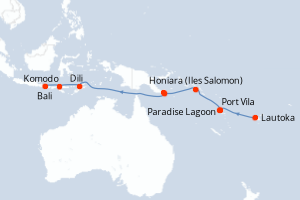 Carte de l'itinéraire de croisière Lautoka-Bali d'une durée de 20 jours