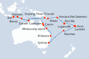 carte itinéraire croisière Australie Nouvelle Zélande 35 jours au départ du port de Sydney