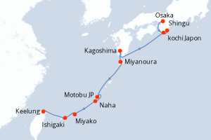 Carte de l'itinéraire de croisière Osaka-Keelung d'une durée de 9 jours