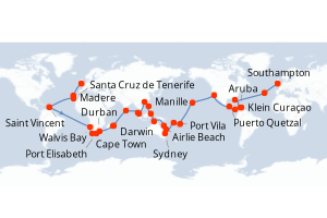 carte itinéraire croisière Europe du Nord 110 jours au départ du port de Southampton