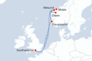 carte itinéraire croisière Fjörds norvégiens 7 jours au départ du port de Southampton