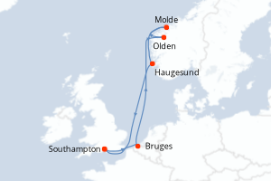 carte itinéraire croisière Fjörds norvégiens 7 jours au départ du port de Southampton