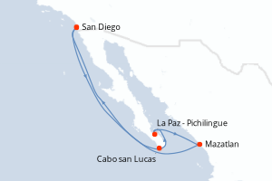 Carte itinéraire croisière États-Unis, Mexique - 7 jours au départ de San Diego - Amérique du Nord