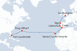 carte itinéraire croisière Transatlantique 16 jours au départ du port de Fort Lauderdale