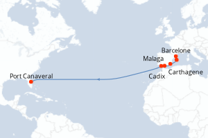 carte itinéraire croisière Transatlantique 13 jours au départ du port de Barcelone