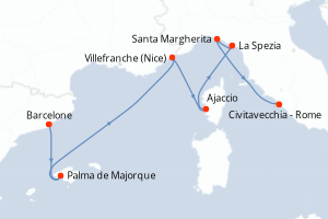 Carte de l'itinéraire de croisière Barcelone-Civitavecchia - Rome d'une durée de 7 jours