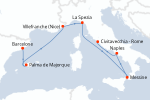 Carte de l'itinéraire de croisière Barcelone-Civitavecchia - Rome d'une durée de 8 jours