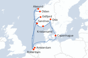 carte itinéraire croisière Fjörds norvégiens 14 jours au départ du port de Amsterdam