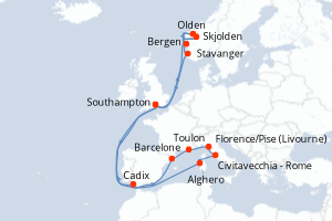 carte itinéraire croisière Fjörds norvégiens 21 jours au départ du port de Southampton