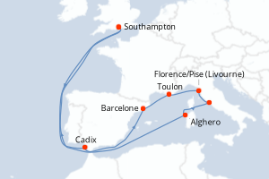 carte itinéraire croisière Europe du Nord 14 jours au départ du port de Southampton