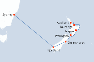 Carte de l'itinéraire de croisière Auckland-Sydney d'une durée de 10 jours