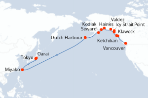 carte itinéraire croisière Asie 21 jours au départ du port de Vancouver