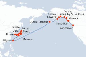 carte itinéraire croisière Asie 36 jours au départ du port de Vancouver