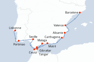 carte itinéraire croisière Méditerranée 14 jours au départ du port de Lisbonne
