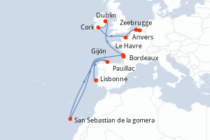 carte itinéraire croisière Atlantique 12 jours au départ du port de Anvers