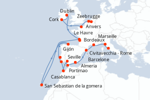 carte itinéraire croisière Méditerranée 26 jours au départ du port de Anvers
