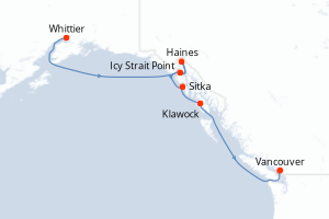 Carte de l'itinéraire de croisière Whittier-Vancouver d'une durée de 7 jours