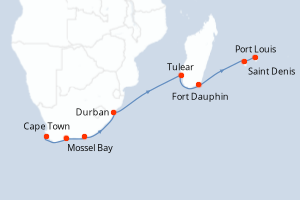 Carte de l'itinéraire de croisière Cape Town-Port Louis d'une durée de 13 jours