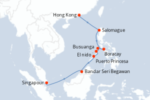 Carte de l'itinéraire de croisière Hong Kong-Singapour d'une durée de 12 jours