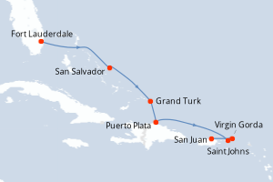 Carte de l'itinéraire de croisière Fort Lauderdale-San Juan d'une durée de 8 jours