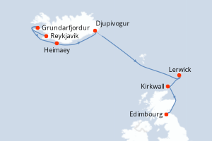 Carte de l'itinéraire de croisière Reykjavik-Greenwich d'une durée de 10 jours
