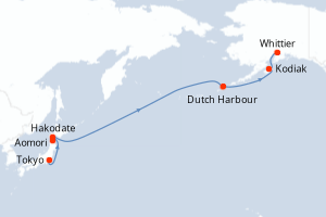 Carte de l'itinéraire de croisière Tokyo-Whittier d'une durée de 15 jours
