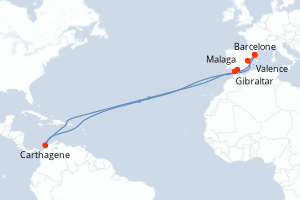 Carte de l'itinéraire de croisière Barcelone-Barcelone d'une durée de 6 jours