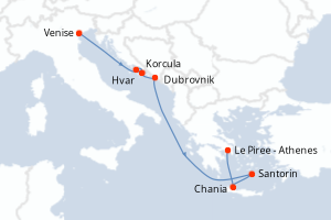Carte de l'itinéraire de croisière Venise-Le Piree - Athenes d'une durée de 7 jours