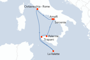 carte itinéraire croisière Sicile 7 jours au départ du port de Civitavecchia - Rome