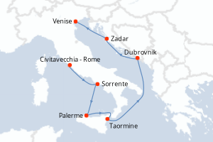 carte itinéraire croisière Sicile 7 jours au départ du port de Civitavecchia - Rome