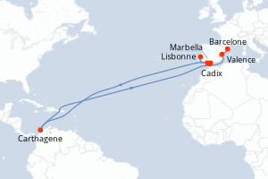 Carte de l'itinéraire de croisière Lisbonne-Barcelone d'une durée de 7 jours