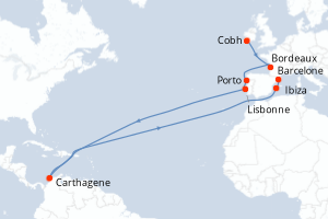 Carte de l'itinéraire de croisière Greenwich-Barcelone d'une durée de 11 jours